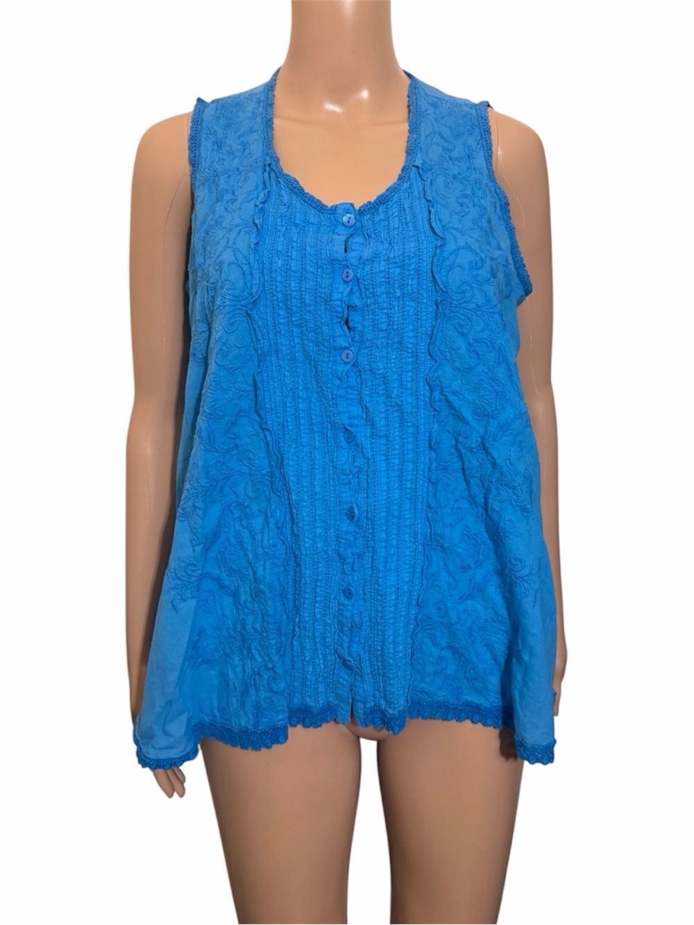 Johnny Was Blue Embroidered Sleeveless Tunic Top Pintuck Button Front Boho